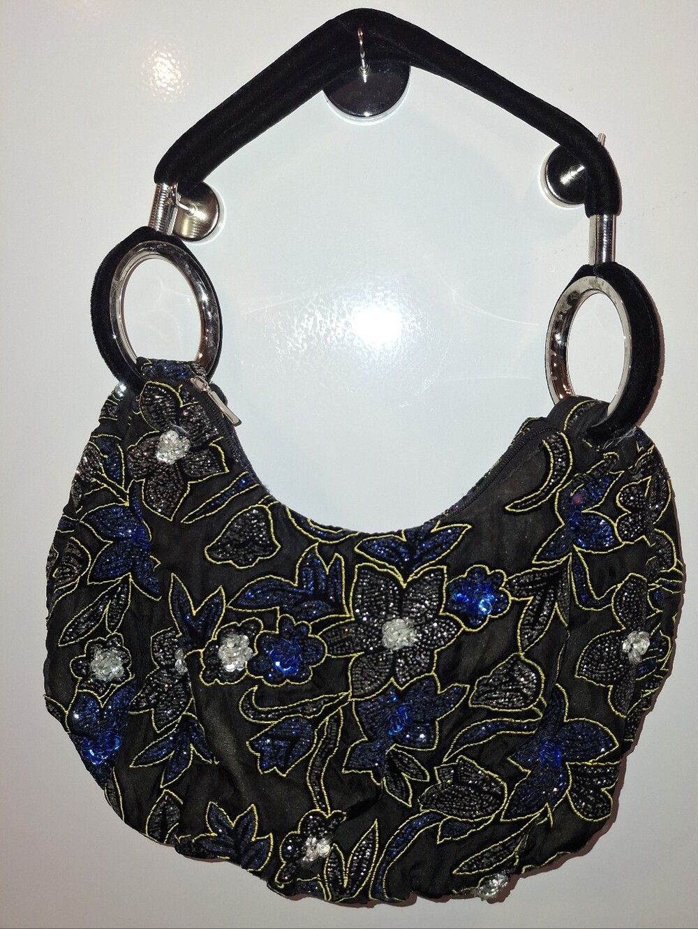 Source Unknown Black Floral Beaded Hobo Bag with Blue & Silver Accents